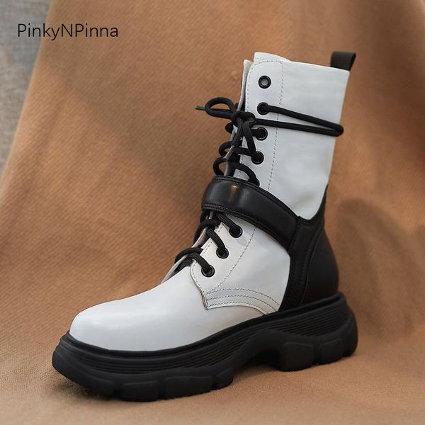 

new arrival designer women genuine leather luxury ankle boots platform waterproof street punk style outdoor booties plus size, Black