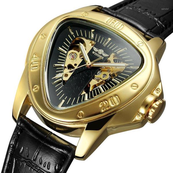 

fashion winner brand automatic mechanical men clock racing sports design triangle skeleton wrist watches luxury golden black1, Slivery;brown