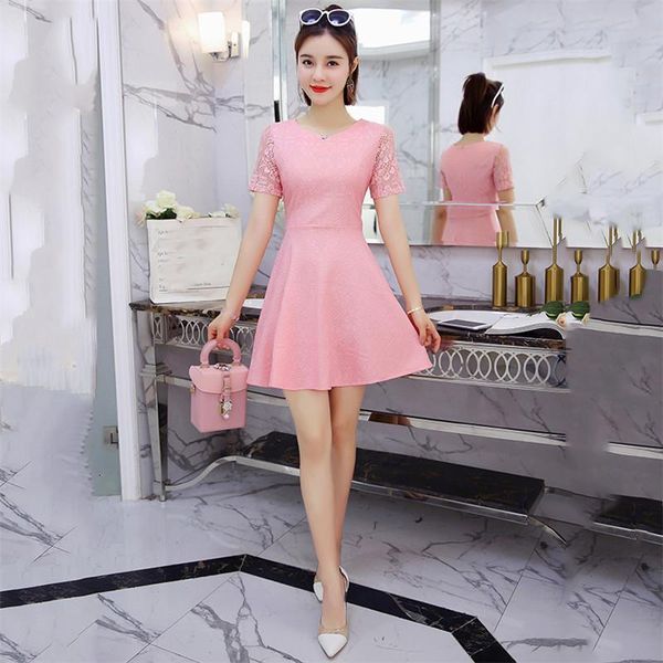 

summer dress women black pink s-2xl plus size mini dresses 2021 new korean fashion white blue v neck slim lace dress, Black;gray