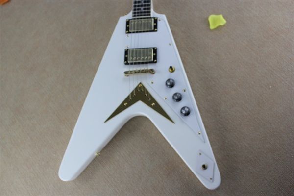 

classic 70's flying v-head electric guitar, white body, chrome metal accessories