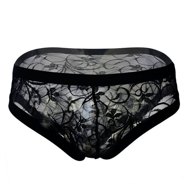 

men's underwear fashion solid color lace transparent mesh low waist briefs roupa interior masculina, Black;white
