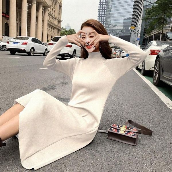 

autumn and winter new french temperament turtleneck sweater long skirt over the knee knitted dress thickened base winter skirt #xt60, Black;gray