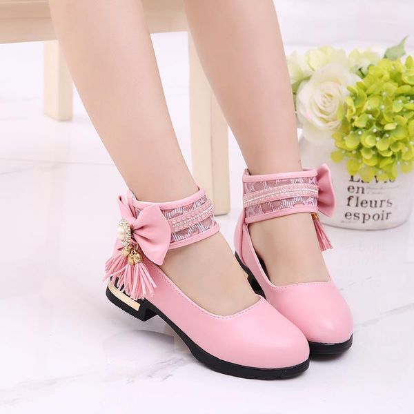 

new girls shoes girls bow-knot tassel shoes kids flat sandals patent leather princess dress dance party1, Black;grey