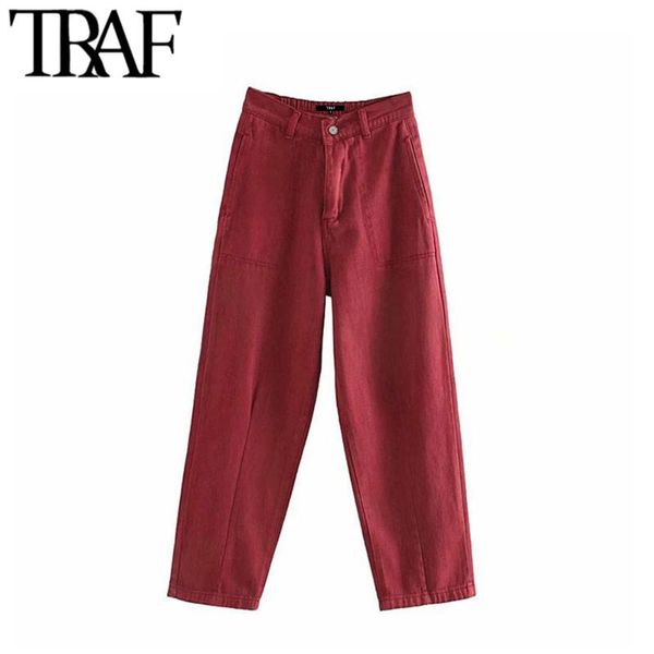 

traf женщины vintage стильный карманы высокой талией джинсы мода zipper straight джинсовые брюки женский голеностопного брюки жан femme, Blue