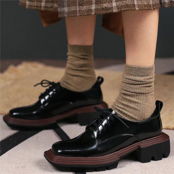 

boots lace up oxfords shoes women genuine leather chunky heels ankle female low round toe platform pumps casual, Black