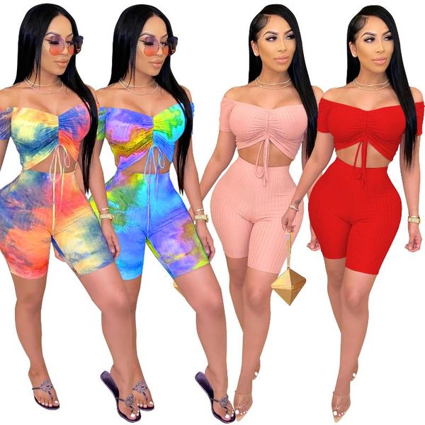 

zoctuo tie dye print two piece sets for women 2021 off shoulder casual two piece set short sleeve drawstring club set, Gray