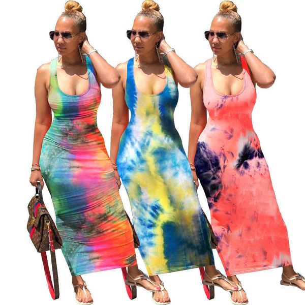 Sexy U-Neck Mulheres Tiedyed Back Strap Dress New Ladies Long Swing Mixi Vestidos Sem Mangas Simples L899