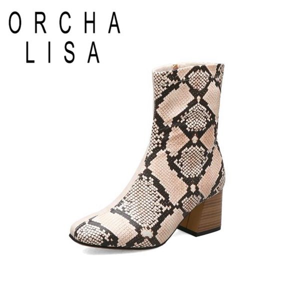 

orcha lisa woman warm slim winter mid calf boots square toe square heel snake flock zipper large size 32-48 leisure party c1743, Black