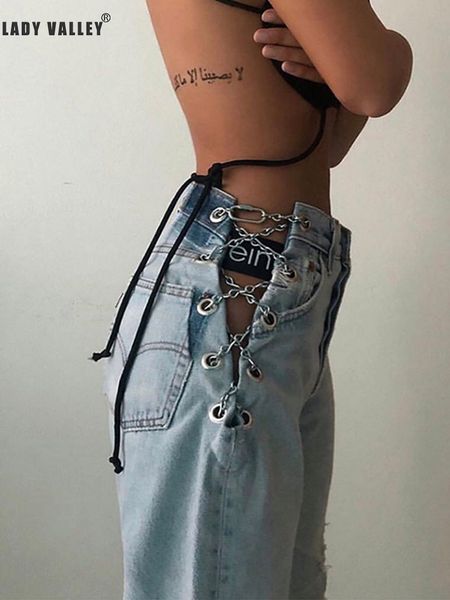 

heavy craft side slits cross straps metal chain high waist jeans ladies new fashion personality all-match 1017, Blue