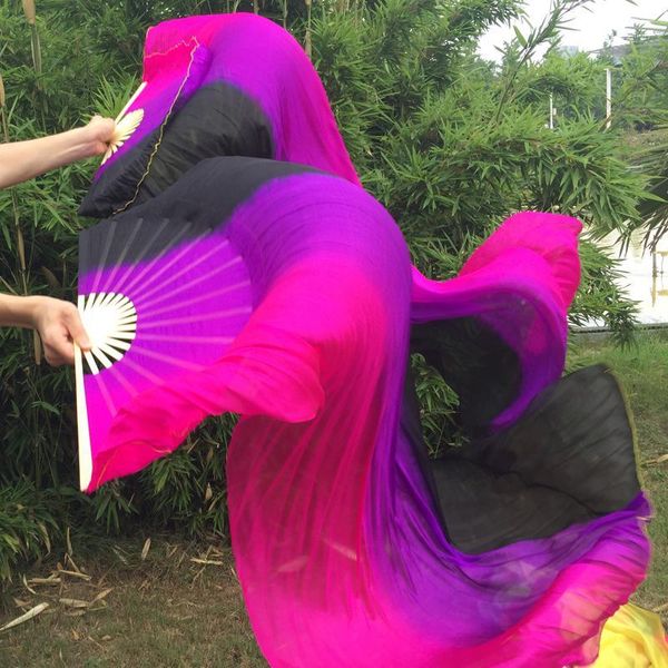 

vertical color belly dancing 100% real silk fan veils belly dance pure real silk fans stage fans props black/purple/pink1, Black;red