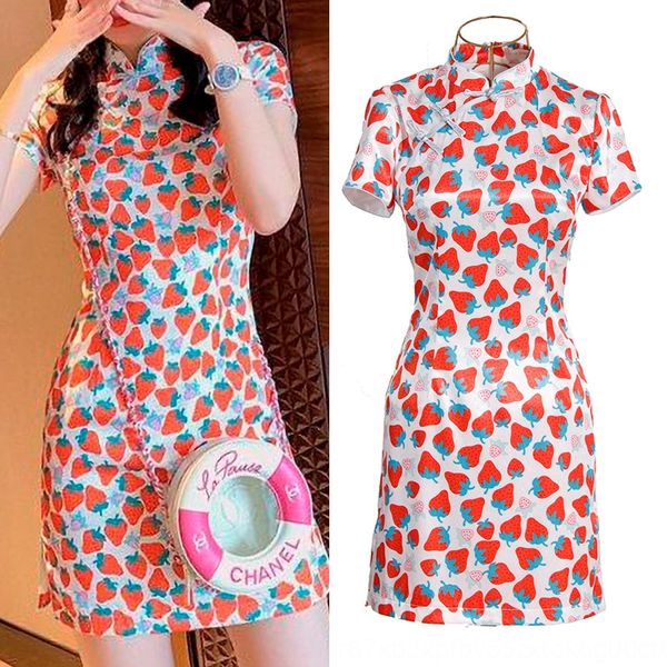 

little cute cheongsam young strawberry printed girl 2020 summer new small improved short little cute cheongsam young dress dressstrawberry d, Black;gray