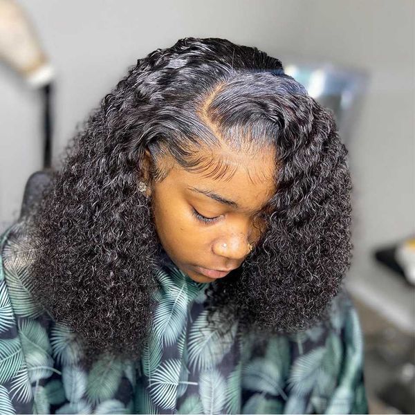 

13x4 short bob wig 150% kinky curly lace front human hair wigs remy pre-plucked human hair wig natural color for black women, Black;brown