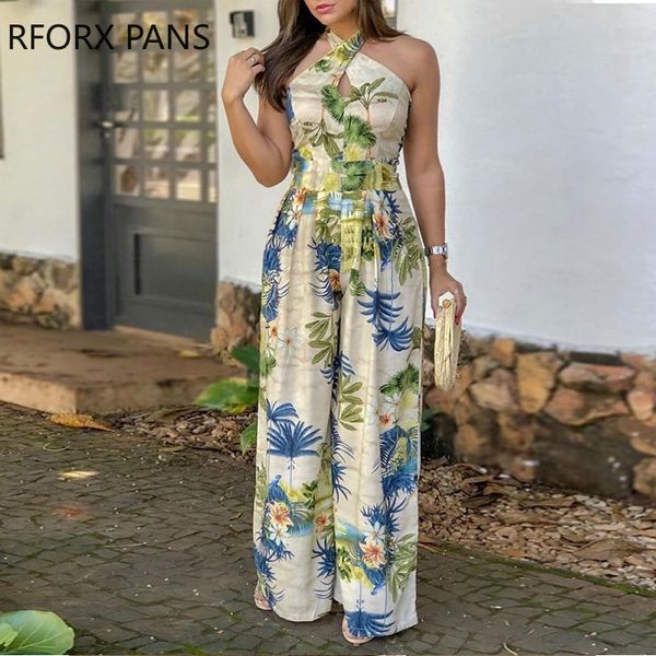 

crisscross halter tropical print jumpsuits t200107, Black;white