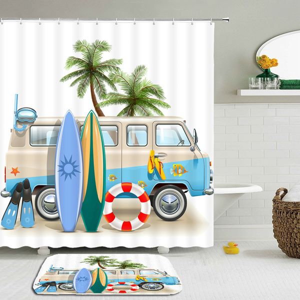 

2pcs/set 3d sea view beach surf shower curtain set bathroom waterproof polyester cloth + non-slip mat toilet bathroom home decor
