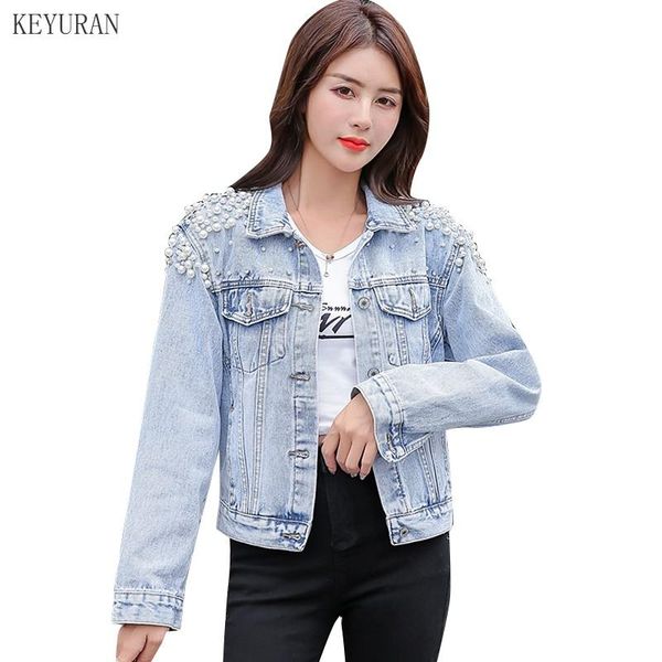 

2020 autumn pearls beaded denim jacket women vintage single breasted long sleeve pockets streetwear short jean basic coats 4142, Black;brown
