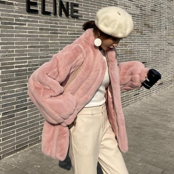 

women's down & parkas autumn winter imitation fur coat women pink stand collar warm jacket thicken plush manteau femme c6674, Black