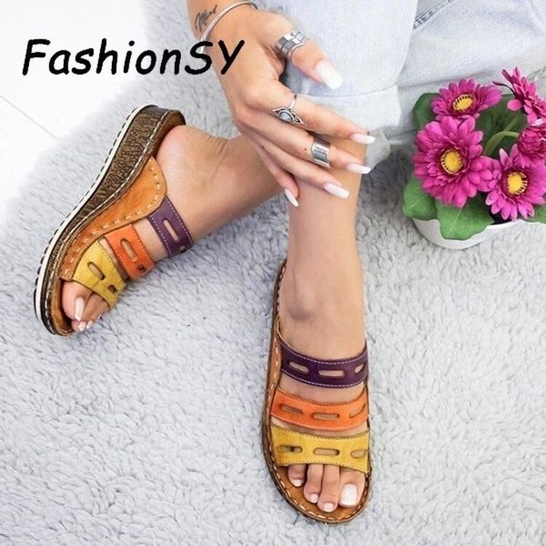 

wedge heel women slippers summer women shoes retro stitching low beach open peep toe sandals 3 colors shoes slides woman shoes y200624, Black
