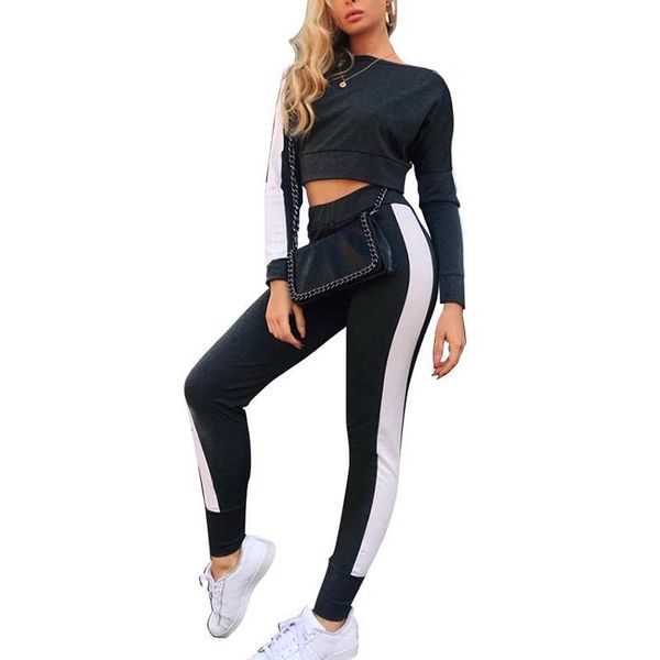 

спорт tracksuit нашивки строчка вскользь sportwear женщин с длинным рукавом crop мундир эластичные sweatpant йога установить спортивный кост, Black;blue