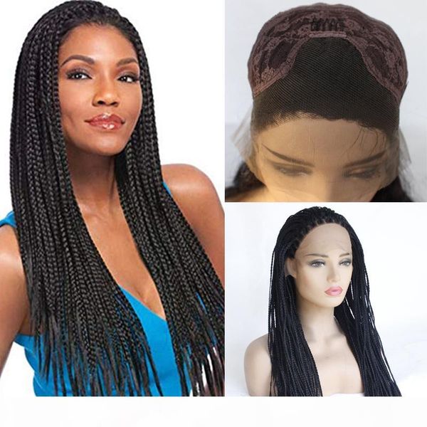 

braided lace front wigs with baby hair #1b for women synthetic heat resistant long braids wig glueless half hand tied, Black