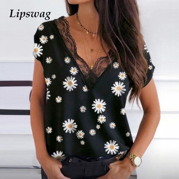 

summer women v neck blouse shirt elegant lace patchwork short sleeve shirts vintage casual office ladies plus size 3xl lj200812, White