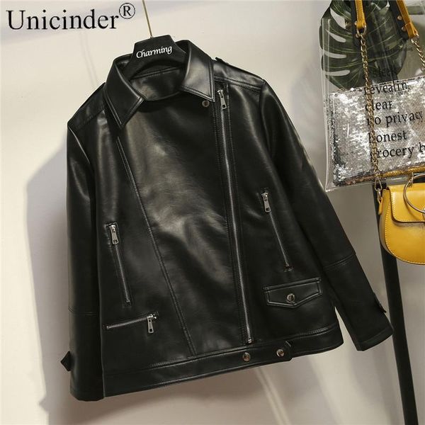 

unicinder 2020 turn-down collar 2020 new pu faux leather jacket women plus size clothing for women 3xl 4xl 5xl leather jackets, Black