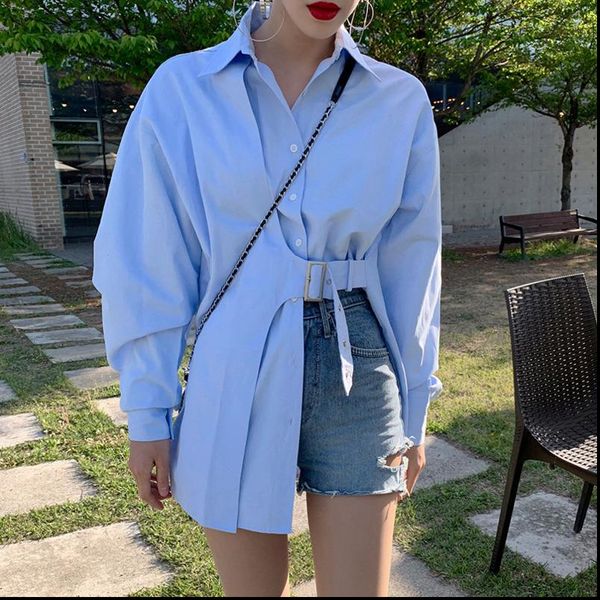 

ewq] 2021 autumn winter new blusas long sleeved simple fashion trend ladies blue irregular shirt coat plus size blouse, White
