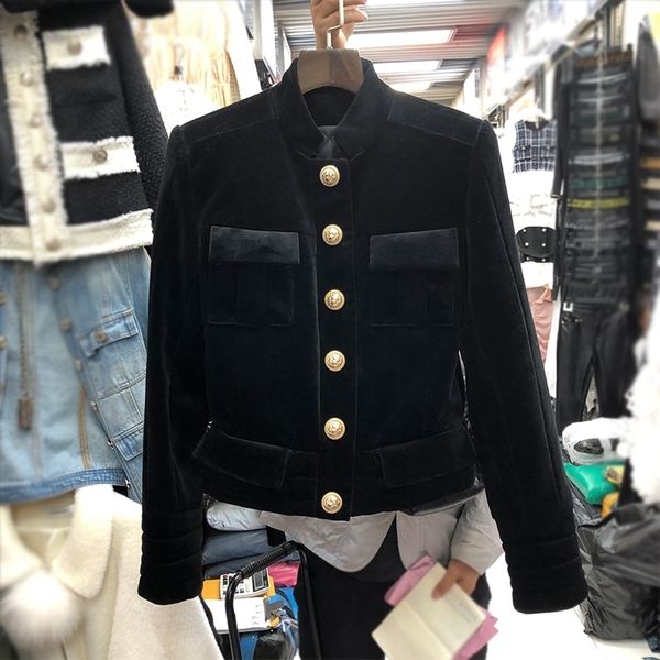 

women autumn runway spring jacket designer black velvet single breasted long sleeve slim short coat chaqueta mujer 201028, Black;brown