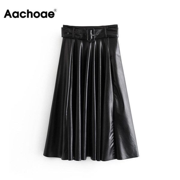 

aachoae women vintage faux leather skirt with belt 2021 elegant office ladies black pu midi skirt pleated casual ladies skirts cx200703