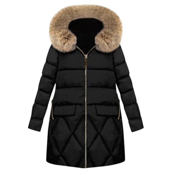 

long women winter jackets and coats plus size womens parka outwear faux fur hooded zipper pockets women coats winter jacket, Black