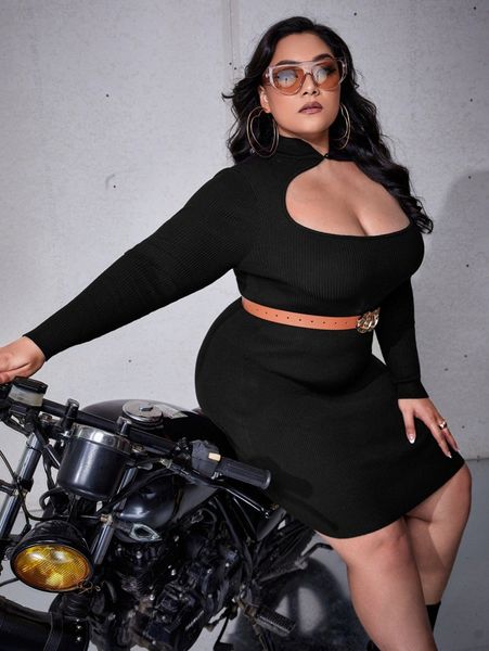 

plus cut out front sweater dress without belt c40f#, Black