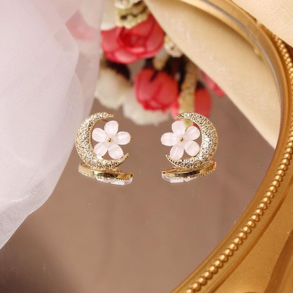 

sjle-114 japan korea new design fashion jewelry exquisite copper inlaid zircon moon flower earrings elegant female daily, Golden;silver