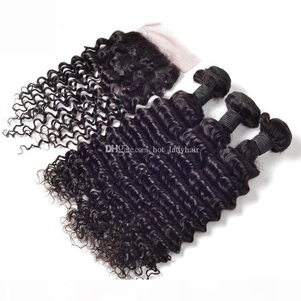 

hair weave peruvian deep wave with closure natural color middle three part 4x4 lace closure with bundles extensions ing, Black