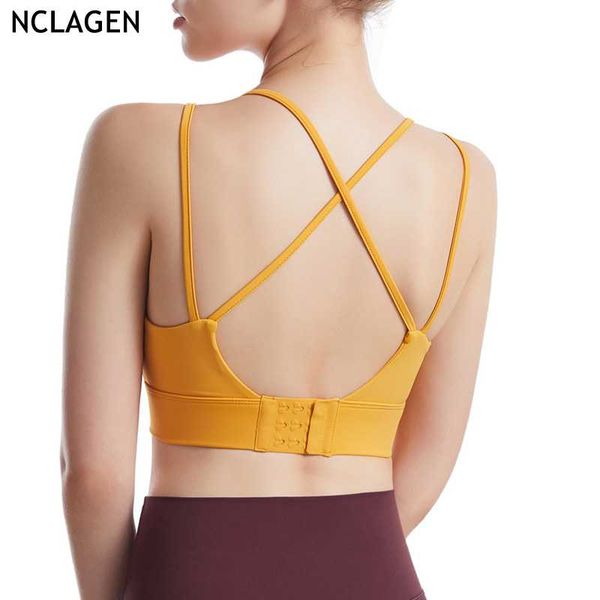

nclagen gym sport workout running fitness high elastic halter women underwear cross back buckle push-up yoga bra crop top, White;black