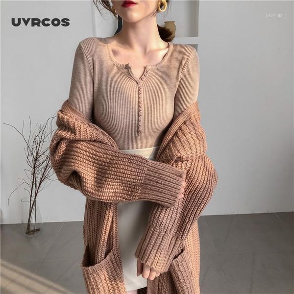 

uvrcos 2020 new autumn v-neck single breasted women sweater skinny stretched knitted pullovers soft winter jumper1, White;black
