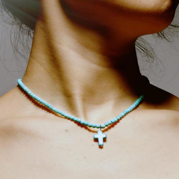 

turquoises beads choker necklace 4mm natural stone cross pendant necklace for women ethnic yoga beaded boho choker collares, Golden;silver