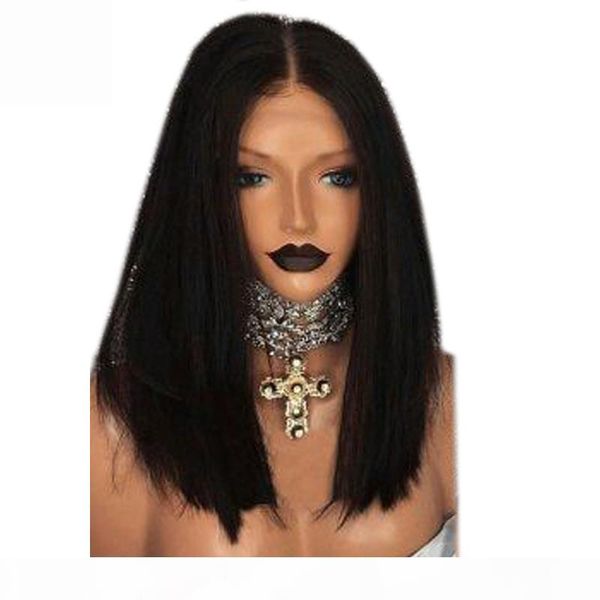 

stock short bob wigs natural straight black wig synthetic lace front wig with middle parting heat resistant hair for women
