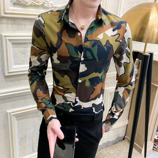 

men's shirt casual slim fit long sleeve shirt men camouflage print club party social streetwear clothes chemise homme1, White;black