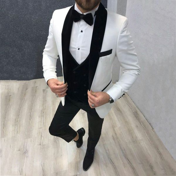 Marca New Groomsmen xaile lapela noivo smoking Branco e preto Homens Suits Wedding Best Man 3 Pieces Blazer (jaqueta + calça + gravata + Vest) L618