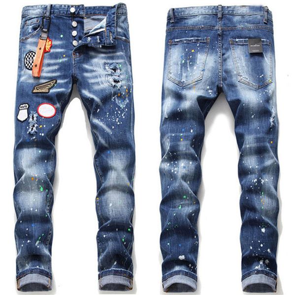 

2021 mens badge rips stretch black men jeans fashion slim fit washed motocycle denim pants panelled new arrivals denim pants jeans, Blue