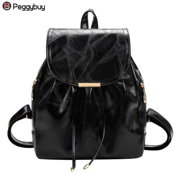 

black rucksack practical large capacity women pu leather preppy style flap drawstring school travel bags