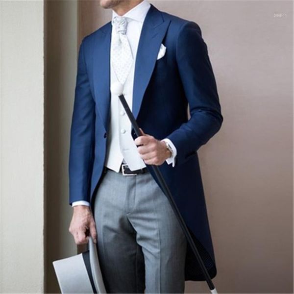 

modern blue long coat men suit 3pieces(jacket+pants+vest+tie) latest wedding prom groom men suits tuxedo terno masculino1, White;black