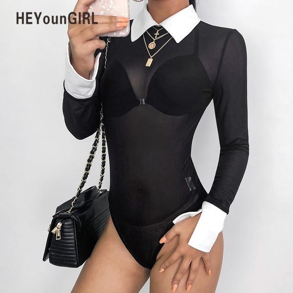 

heyoungirl black mesh bodysuit transparent long sleeve bodysuit women bodycon short jumpsuits party club body womena y200401, Black;white