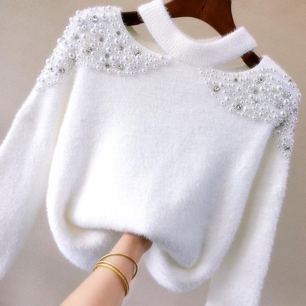 

2021 new heavy female blouses with beads off shoulder pink mesh pullovers the hairy neck imitated mink jumper sueter mujer y518 mjot, White;black