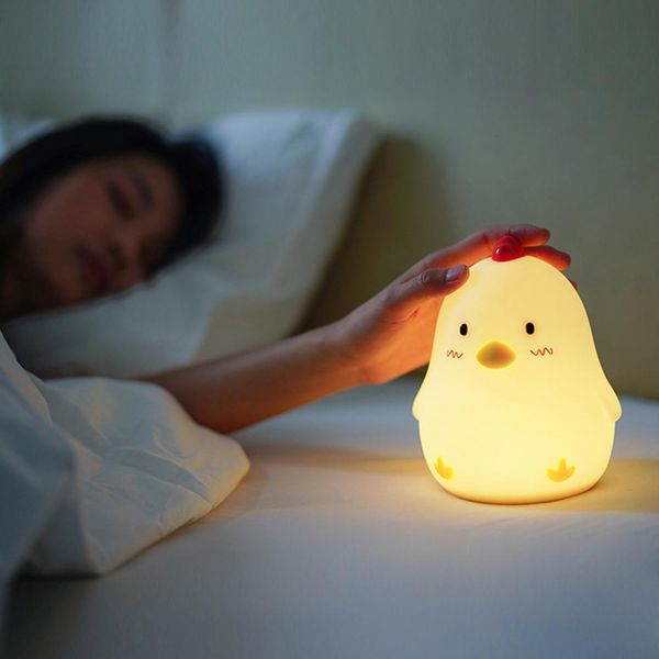 USB recarregável inteligente antiga frango wake pat silicone luz snooze despertador despertador Dimmable bedside noite luz