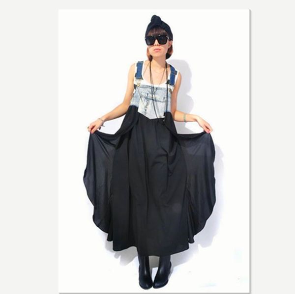 

2020 new fashion trend ruffle loose large denim strap skirt swing dress, Black;gray