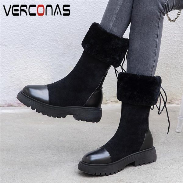 

boots verconas concise mid-calf for women 2021 autumn winter warm platform thick heels shoes woman casual lace-up snow boots1, Black