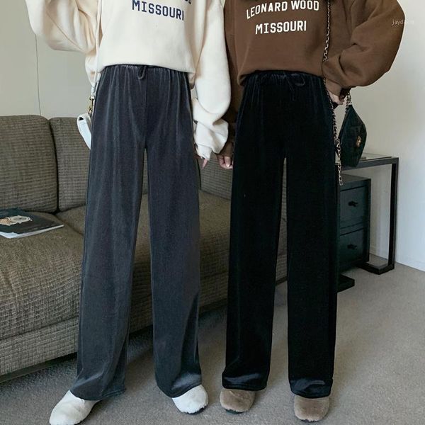 

autumn/winter korean version gold velvet high waist drape plus velvet thick trousers straight mopping pants women1, Black;white