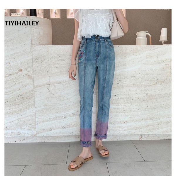 

tiyihailey 26-30 vintage ankle length pants for women embroidery flower trousers denim jeans casual chinese style1, Blue