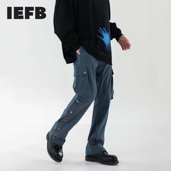 

iefb high street fashion side button flared pants men's multi bag overalls drawstring elasitc waist trousers casual pants 9y4480 q0105, Black;white
