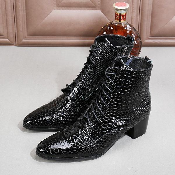

british style snake skin patent leather boots black lace up ankle boots men height increasing cowboy mens shoes